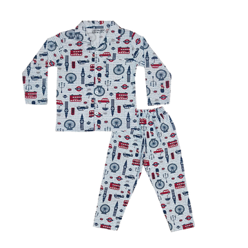Full Sleeves Baby London Bus Printed Night Suit  for Baby/Kids - Sky Blue 12-18 Months